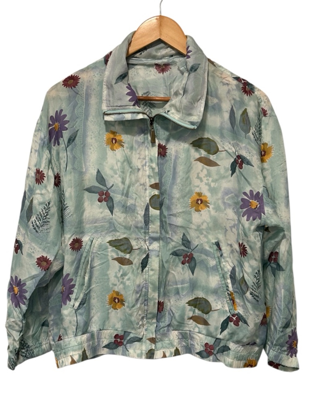 Vintage Botanical Silk Bomber Jacket Women’s 90s Lightweight Cottagecore Boho